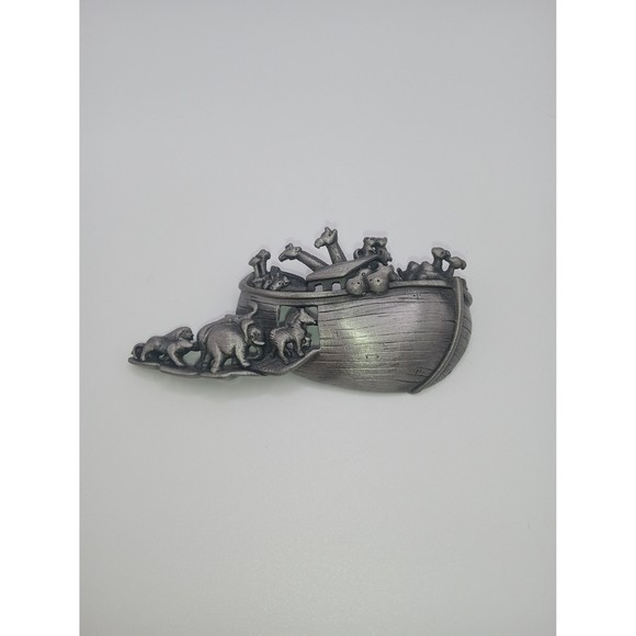 AJC Noahs Ark Pewter Tone Animal Boat Brooch Pin Vintage Signed - Picture 1 of 10